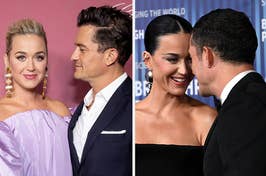 Katy Perry and Orlando Bloom pose together; Perry in a lavender dress, Bloom in a suit, at separate events