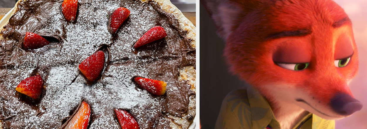 Left: Chocolate pie topped with strawberries and dusted with powdered sugar. Right: Nick Wilde, the fox from Zootopia, in a shirt and tie