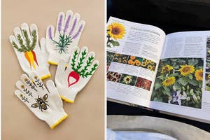 Five embroidered gardening gloves next to an open book about sunflowers