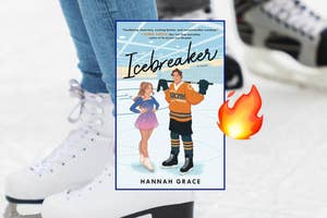 Illustrated book cover titled 'Icebreaker' with a female figure skater and male hockey player, on ice. Background of ice skates with a fire emoji.