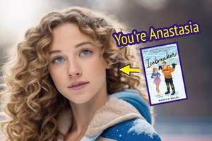An AI woman with brown curly hair next to a book cover "Icebreaker" by Hannah Grace and text "You're Anastasia" pointing to her