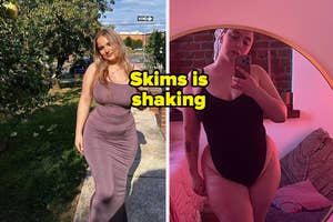 reviewer posing in mauve colored maxi dress and reviewer posing in black shapewear bodysuit