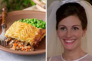 Left: Shepherd's pie on a plate with peas. Right: Smiling bride with veil, facing forward