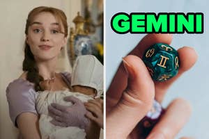 On the left, Daphne from Bridgerton holding a baby, and on the right, someone holding a zodiac cube with a Gemini symbol visible