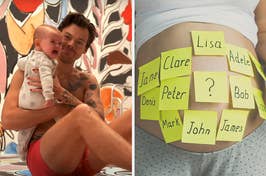 On the left, Harry Styles holding a baby, and on the right, a pregnant belly covered with sticky notes with names written on them