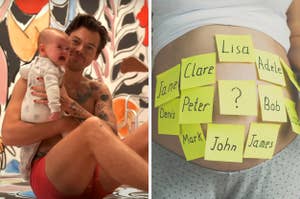 On the left, Harry Styles holding a baby, and on the right, a pregnant belly covered with sticky notes with names written on them