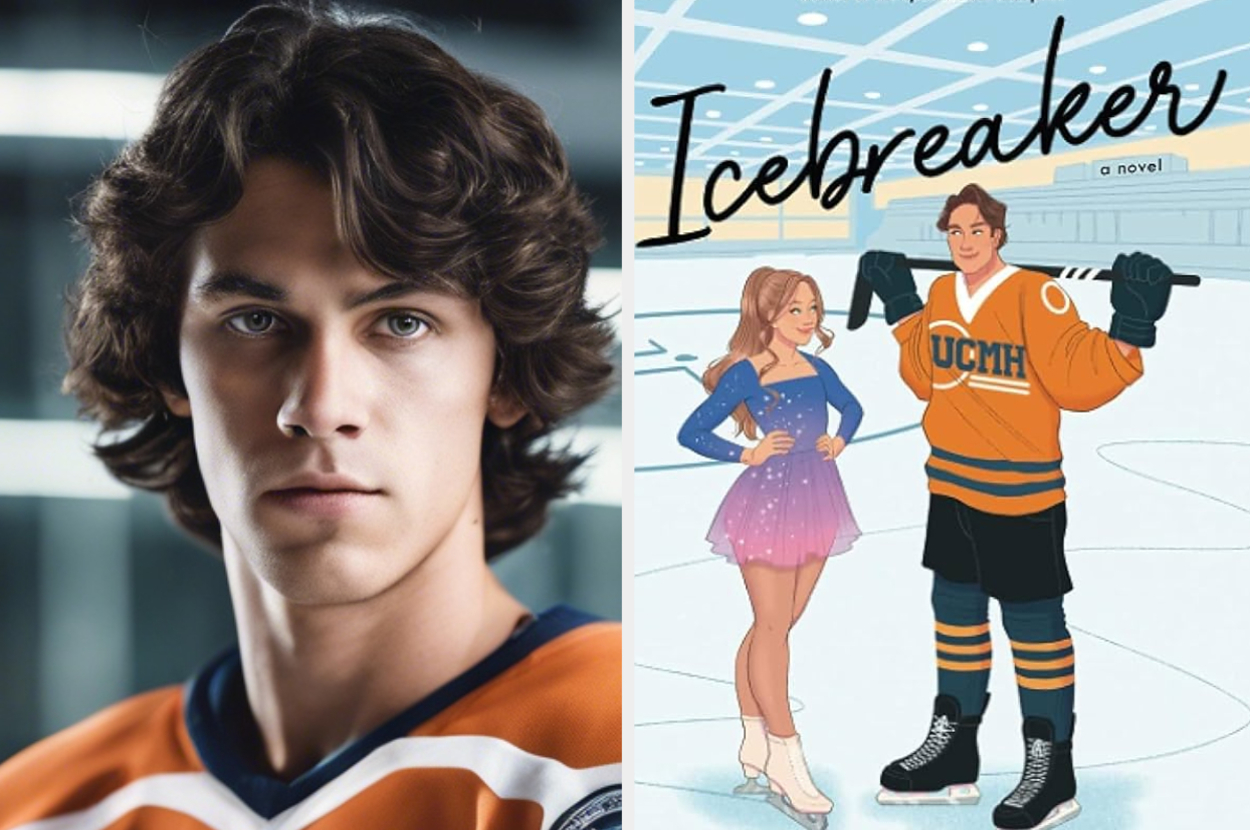 Illustration of two animated characters on the cover of a novel titled "Icebreaker," one in a figure skating outfit and one in a hockey uniform. Next to it, there is an AI image of a man in an orange hocket uniform.