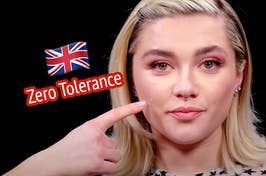 Florence Pugh pointing to a tear on her face with the text "Zero Tolerance" next to a UK flag overlaid.