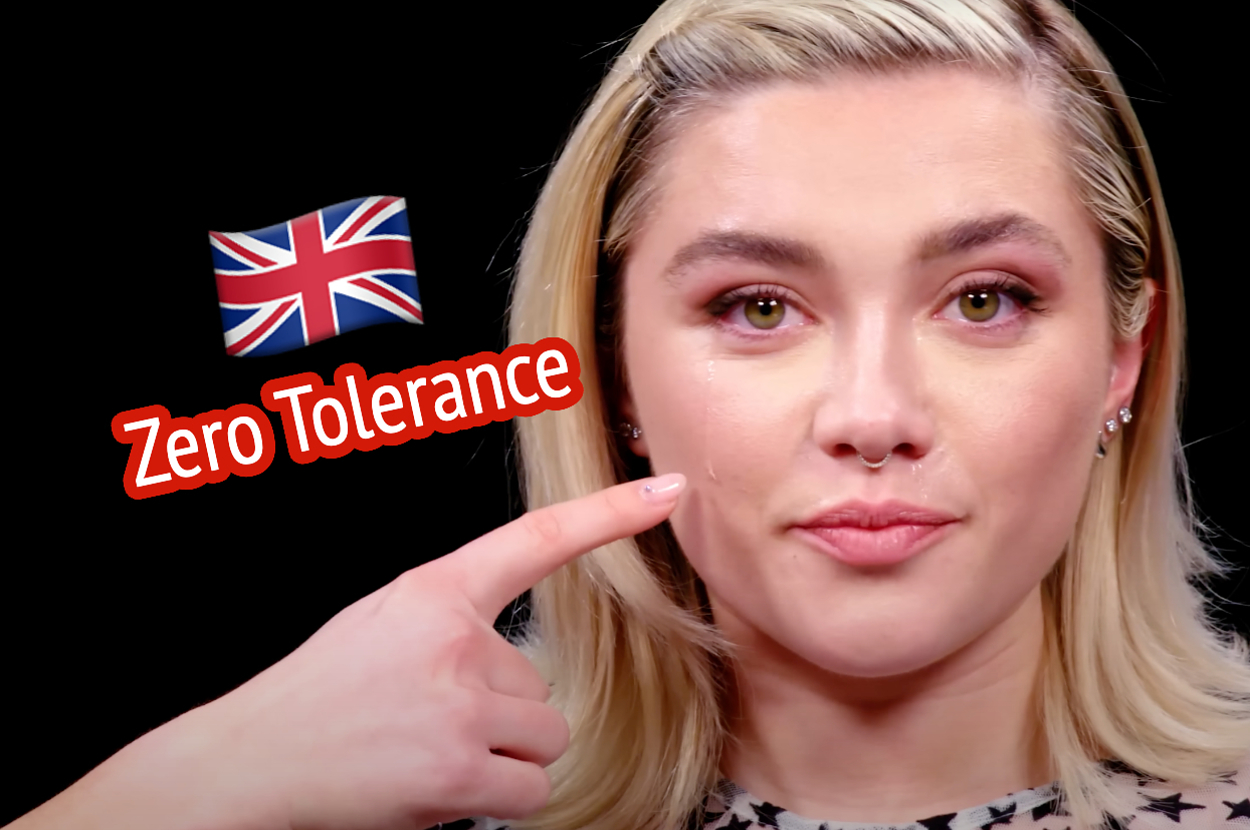 Florence Pugh pointing to a tear on her face with the text "Zero Tolerance" next to a UK flag overlaid.