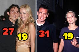 Split image of two couples; left with formal attire, right casual; numbers indicating their ages
