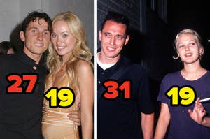 Split image of two couples; left with formal attire, right casual; numbers indicating their ages