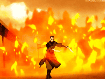 Personaje animado Zuko de Avatar realizando una técnica de control del fuego