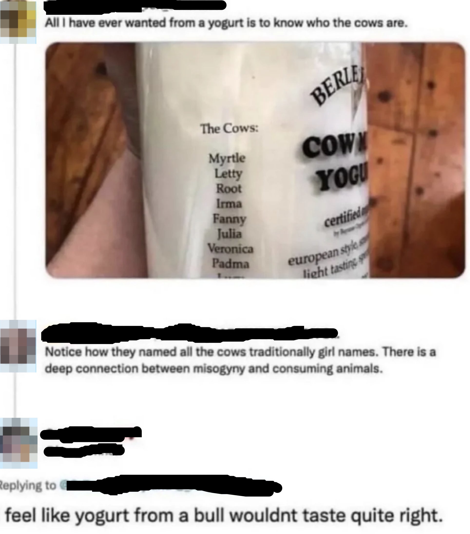 A person pointing out that cow names were predominantly female