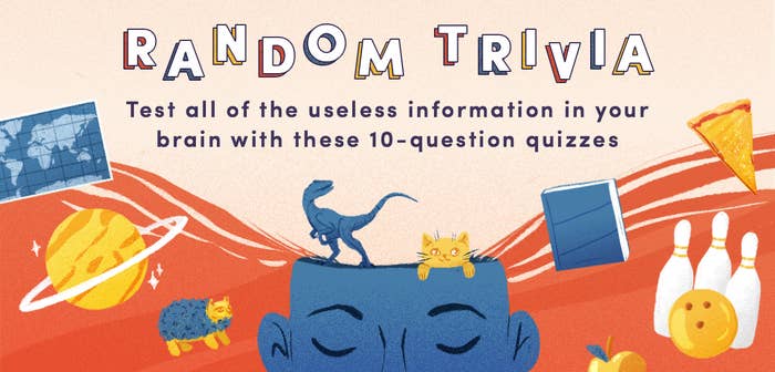 Illustrated banner for a &#x27;Random Trivia&#x27; quiz with various icons like a dinosaur and bowling pins