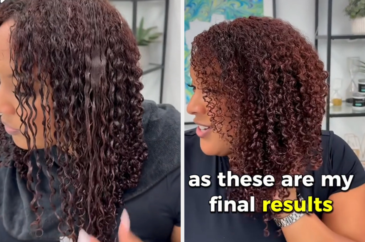 Woman shows off her curly hair transformation using the gel with a text overlay: &quot;as these are my final results&quot;