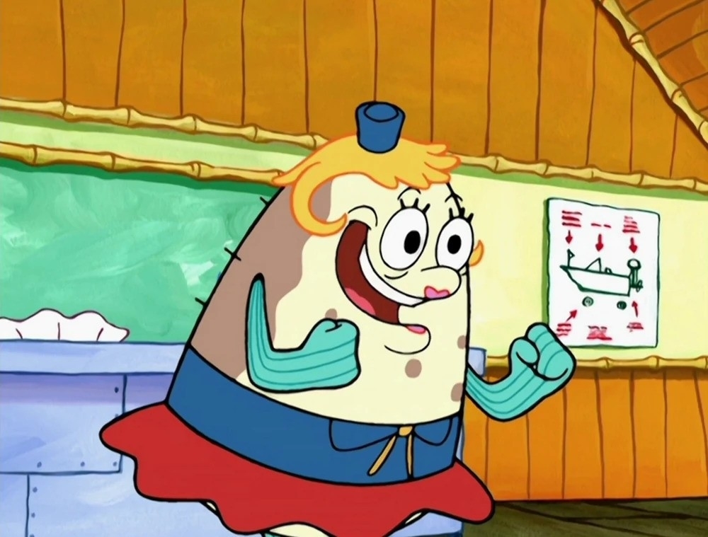 Mrs. Puff from SpongeBob SquarePants, looking surprised with a chart in the background