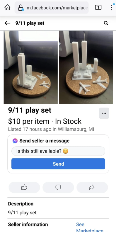 A play set with small models representing the Twin Towers and surrounding buildings
