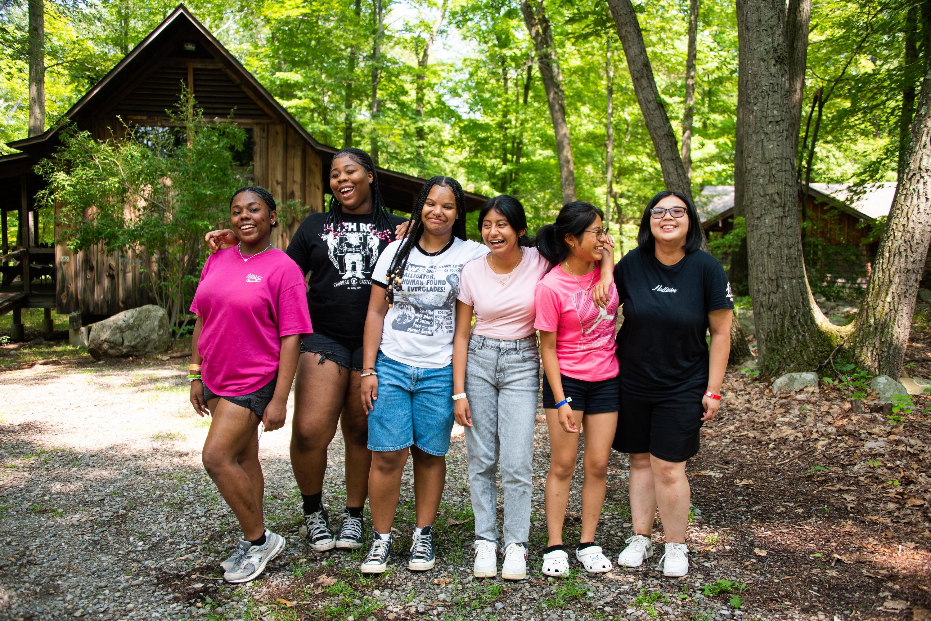 Group of six smiling friends standing outside near a cabin in casual attire