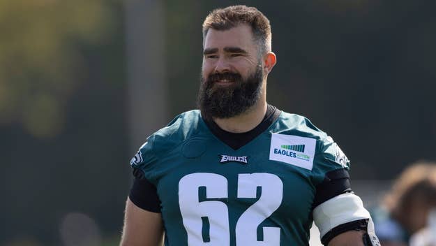 Philadelphia Eagles player in jersey number 62 smiling during practice