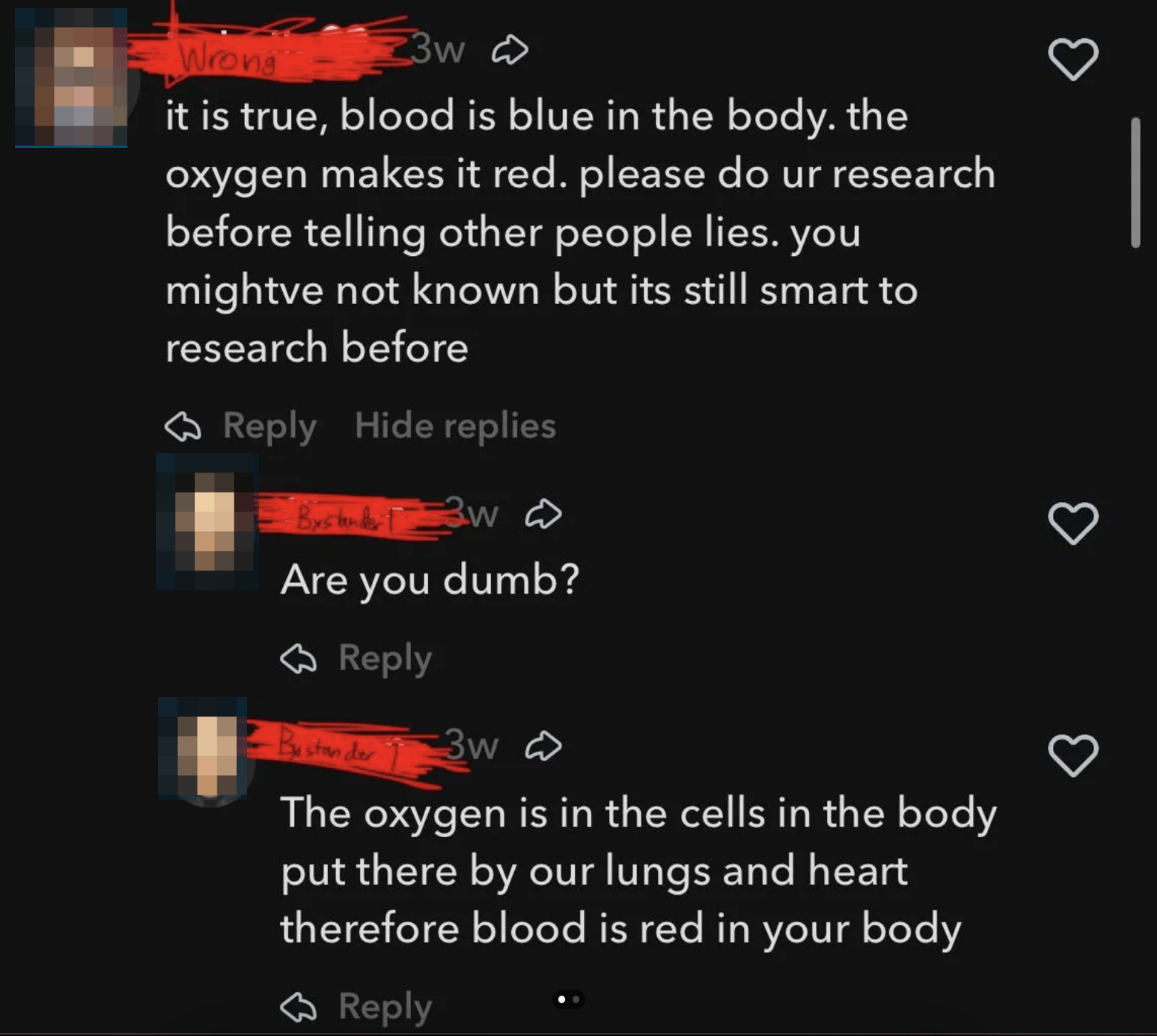 Screenshot of a social media debate where a user claims blood is blue inside the body, countered by others correcting it&#x27;s always red due to oxygen