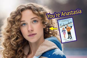 An AI woman with brown curly hair next to a book cover "Icebreaker" by Hannah Grace and text "You're Anastasia" pointing to her
