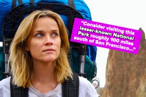 Female hiker with backpack, text on image suggesting a National Park visit near San Francisco