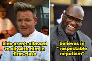 Side-by-side images of Gordon Ramsay and Shaquille O'Neal with contrasting quotes about children and nepotism
