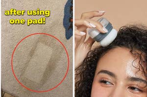 Split image: Left shows a carpet stain partly removed, right has a person pressing a stain remover on their forehead