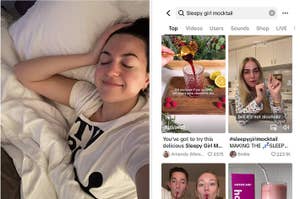 Woman in bed smiling, resting head on hand, next to screenshot of "Sleepy girl mocktail" TikTok video with woman and drink