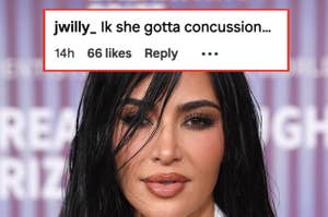 Social media screenshot showing a comment "jk she gotta concussion..." on a post with 66 likes, seemingly referencing Kim Kardashian’s appearance