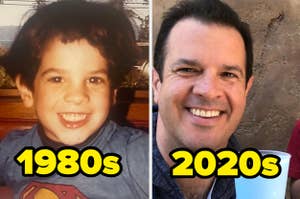 Childhood and current photos of a man with "1980s" and "2020s" labels, showcasing age progression