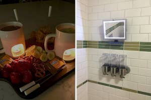 Left: Breakfast tray with fruit, beverages, and cereal. Right: Wall-mounted bathroom toiletry dispensers