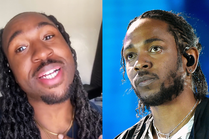Split image: Person on left smiling in a casual setting; Kendrick Lamar on right in performance with earpiece