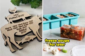 Wooden steak thermometer guide and a plastic tray of frozen soup blocks