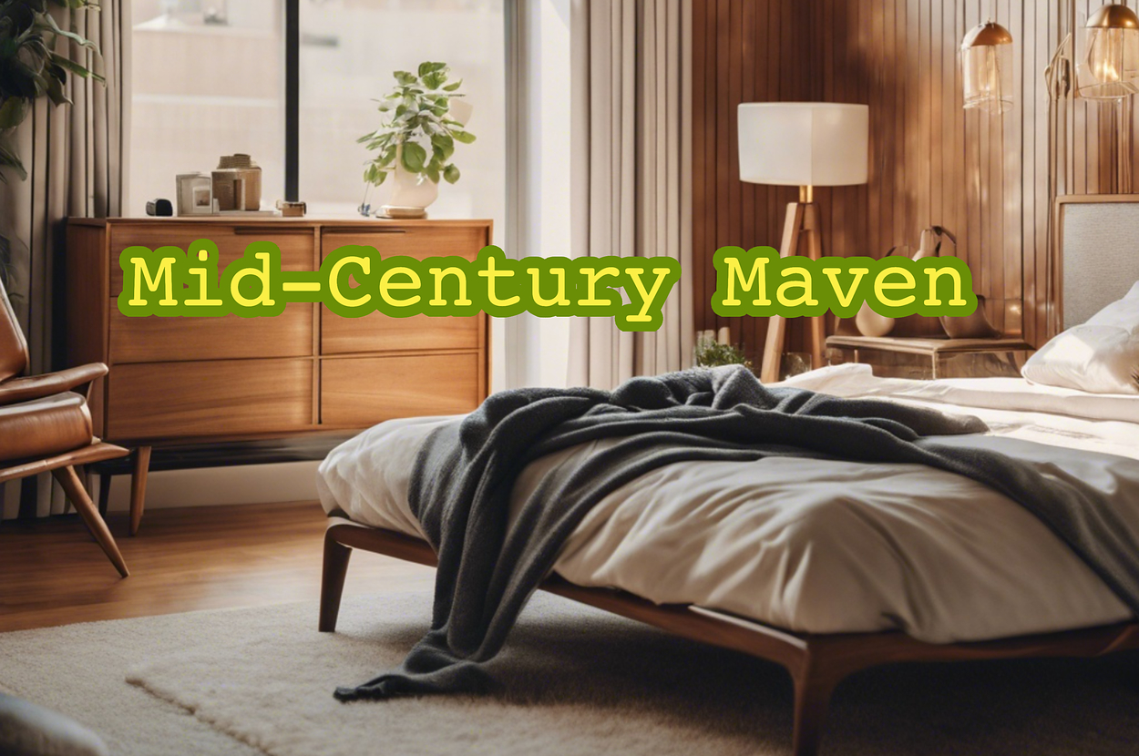 Image of a mid-century style bedroom with the text "Mid-Century Maven" overlaying