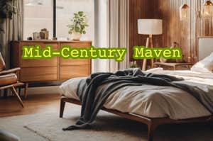 Image of a mid-century style bedroom with the text "Mid-Century Maven" overlaying