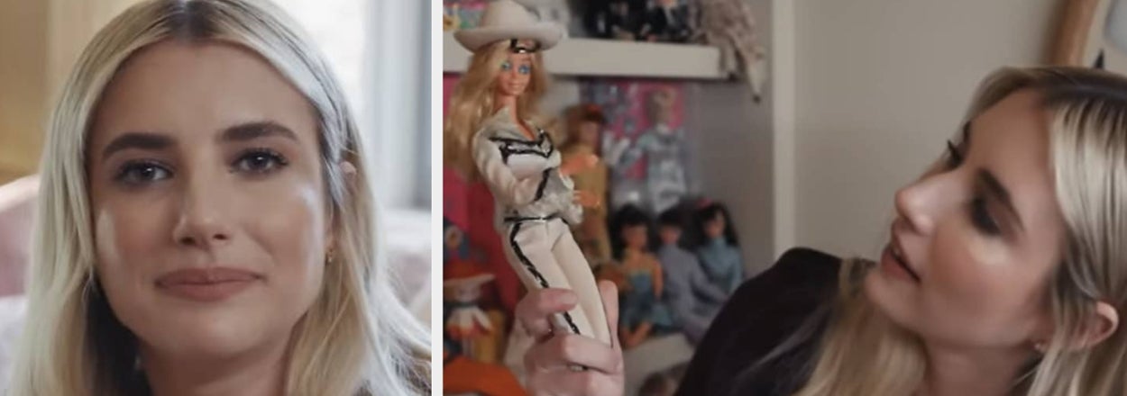 Two side-by-side photos of a woman, one close-up and another holding a Barbie doll
