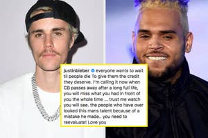 justin bieber and chris brown with message of support from bieber to brown