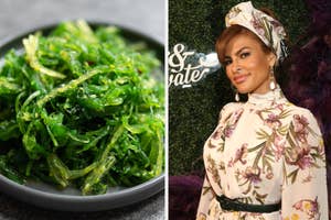 Split image: Left side shows a bowl of green seaweed salad. Right side features Eva Mendes in a floral dress at an event
