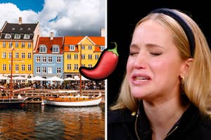 Copenhagen, Denmark with colorful houses on the water and Jennifer Lawrence crying.