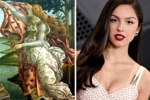 Split image with a painting of a woman on the left and a photo of Olivia Rodrigo in a beaded dress on the right