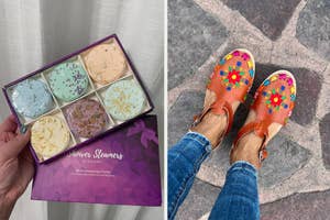 Two images: Left shows a hand holding a box of shower steamers; Right is a pair of feet in vibrant floral clogs on cobblestone
