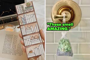 Hand holds a bookmark with illustrations next to a book. A eucalyptus lavender pouch hanging in a shower