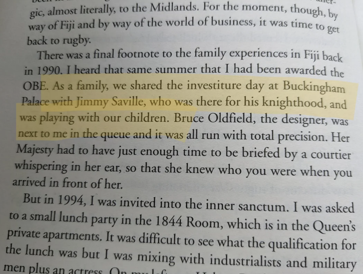 Text from a book describing a summer that the speaker experienced in Fiji with Jimmy Savile, who was there for his knighthood, and mentions Bruce Oldfield and playing with children