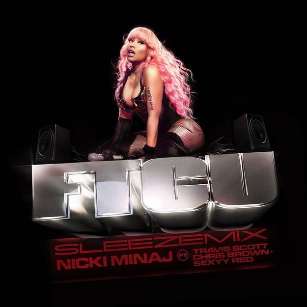 Nicki Minaj in a pink wig and stylish attire for the "Fendi" remix cover art with featured artists' names