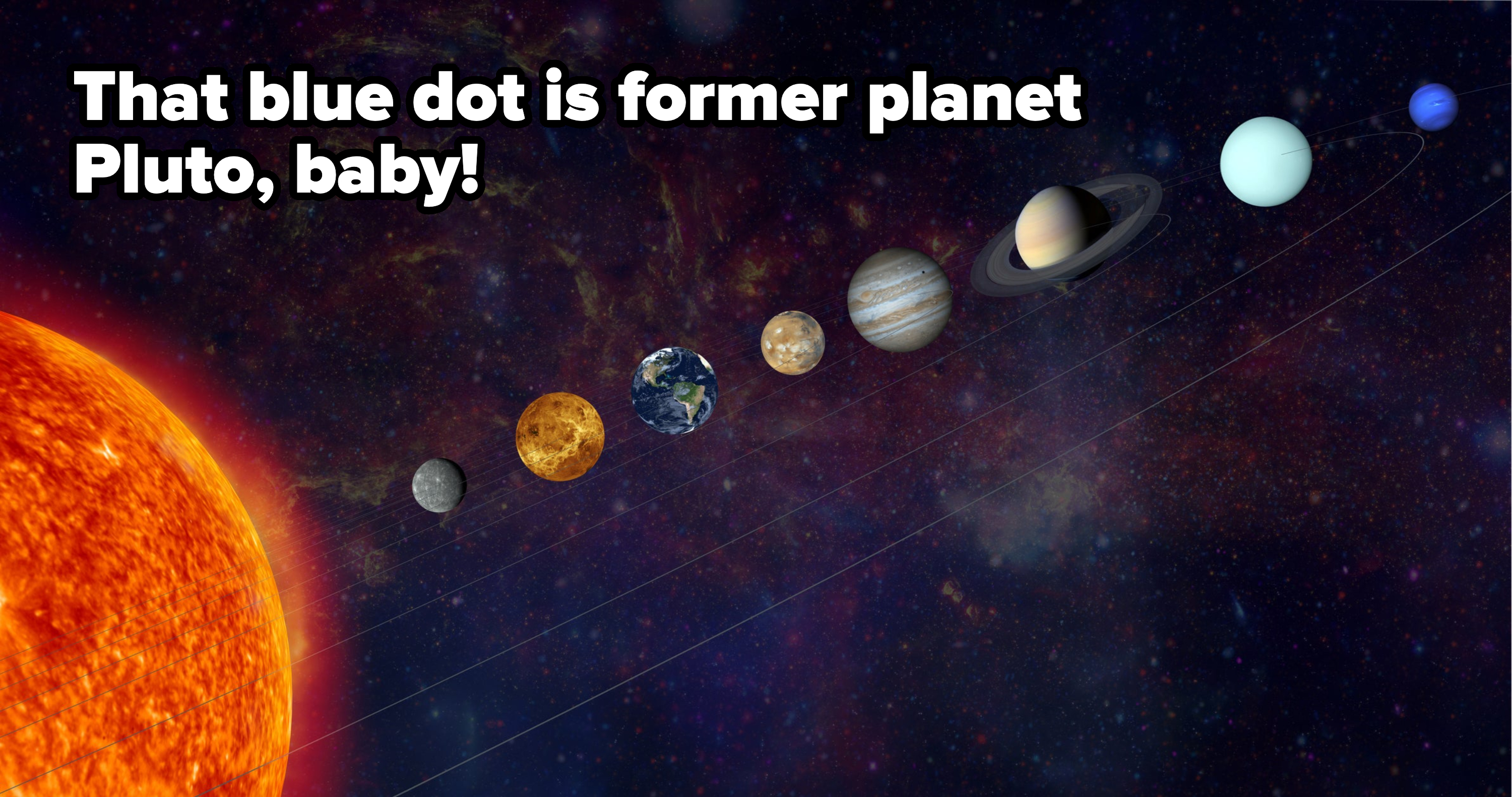 Illustration of our solar system with the Sun and eight planets aligned