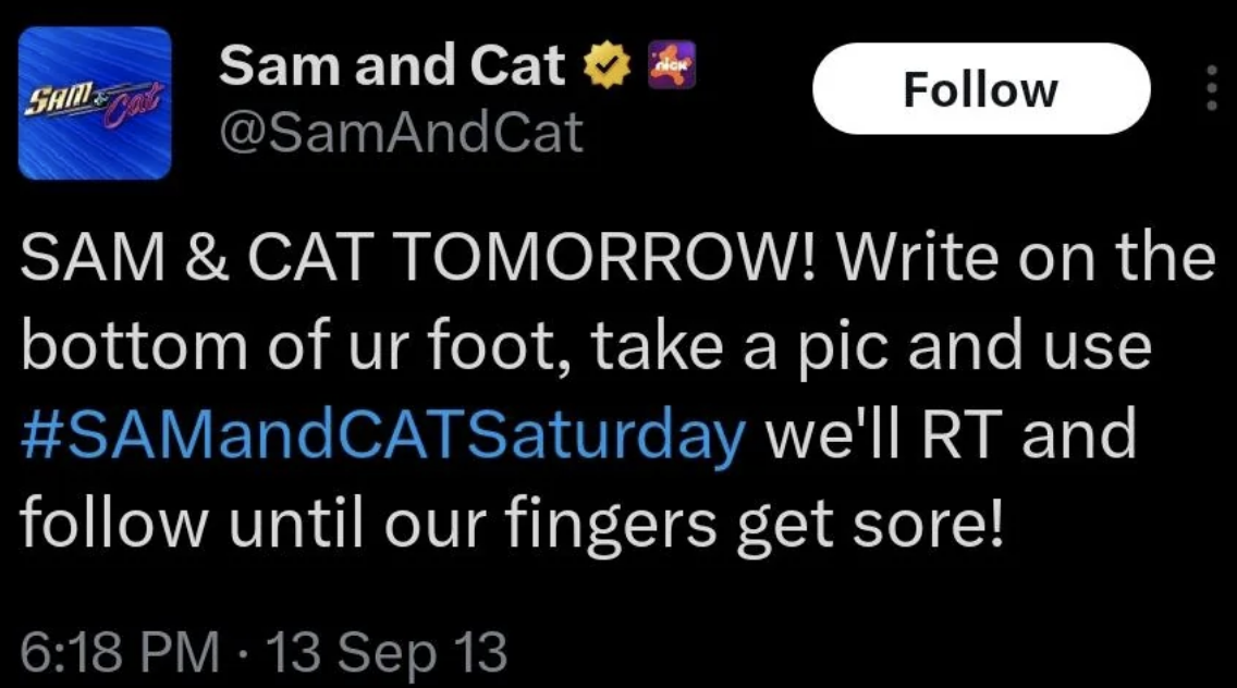 An old tweet from the Sam &amp;amp; Cat Twitter account