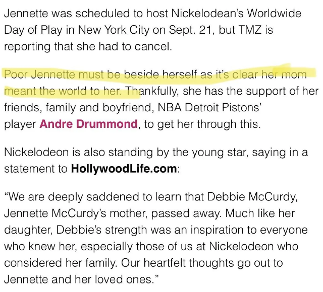Article discussing Jennette McCurdy&#x27;s feelings and support from Andre Drummond after her mother&#x27;s passing