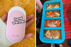 left: Reviewer holding the hand warmer in the pink color; right: Reviewer photo of their chicken noodle soup in the tray