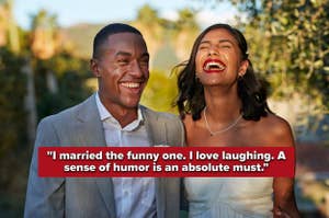 A couple laughing together with a quote about the importance of humor in marriage